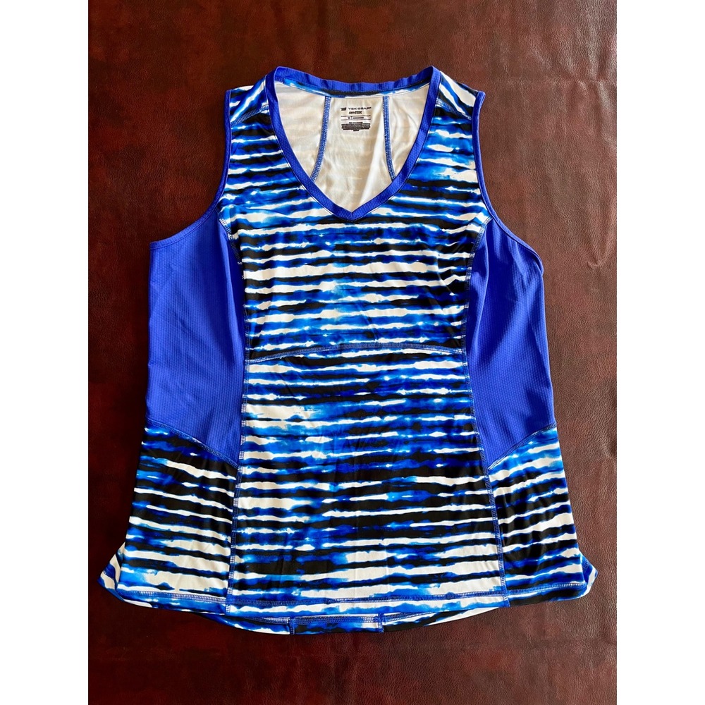 Tek Gear DryTek Womens 1X Blue Striped Tie Dye V-Neck Active Tank Top Mesh Panel